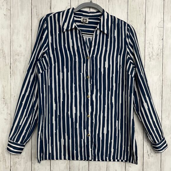 Ann Klein Blue White Stripe Roll Sleeve Lightweight Beach Summer Button Up Shirt - Picture 1 of 10